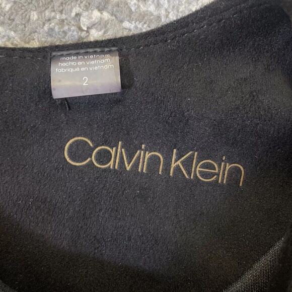 Calvin Klein Black Fit and Flare Dress‎ Faux Suede with Leather Trim Size 2 EUC - Picture 6 of 9